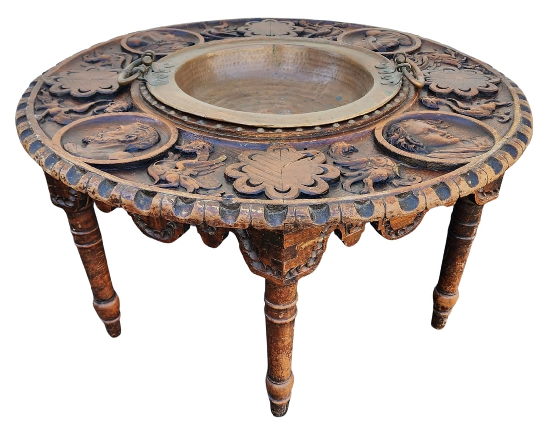Rare Antique 17th Century Style Hand Carved Wood & Copper/Bronze Brazier Table (1 of 14)