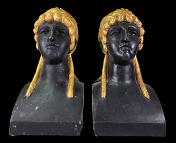 Pair of Art Deco Empire Style Busts of Greco Roman Women in Gilt and Black Plaster, Italy, ca. 1930