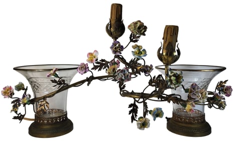 Very Rare Antique Louis XVI Style Chinese Gilt Brass Mounted Porcelain Flower Lamps