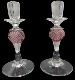 Pair of Vintage 1990s Pink & Clear Twisted Art Glass Candle Holders - Signed
