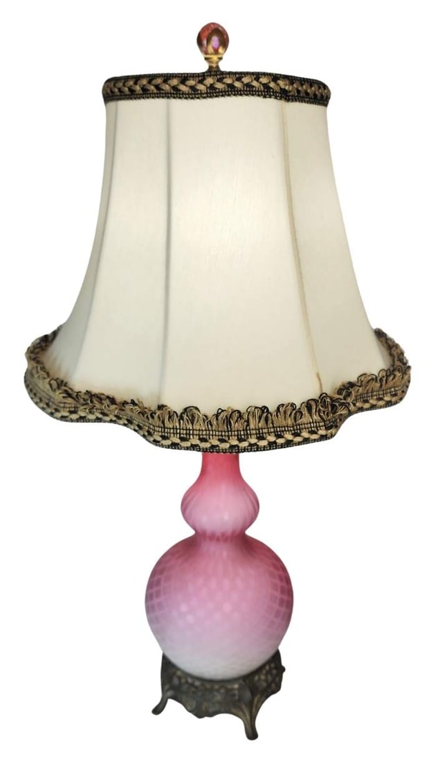 Antique Victorian Pink Diamond Quilted Mother of Pearl Glass Vase Lamp: Very good vintage condition; No chips, cracks, or repairs. Measures approx. 23 1/2" high to top of finial and approx. 15 1/2" high to top of socket x 5" wide at the widest. Shade is not included.