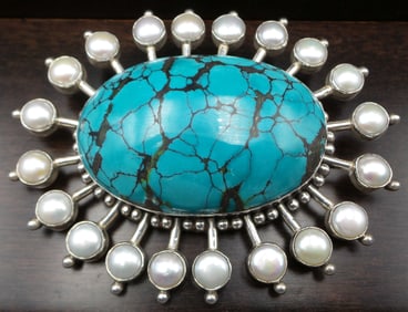 Very Unusual Massive Vintage Sterling Silver & Turquoise Pendant