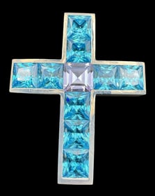 Vintage AOM Germany Sterling Silver /w Blue & Purple Gemstones Studio Cross Pendant