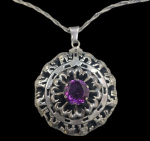 Rare Mid-Century Modern LOS BALLESTEROS Mexico Sterling Silver & Amethyst Pendant /w Necklace
