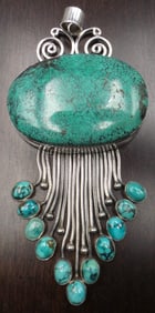 Very Unusual Massive Vintage Sterling Silver & Turquoise Pendant