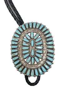 Vintage Native American Navajo Sterling Silver & Turquoise Cluster Bolo Tie - Signed