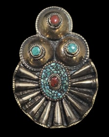 Large Antique Tibetan Sterling Silver & Inlaid Gemstone Mosaic Pendant