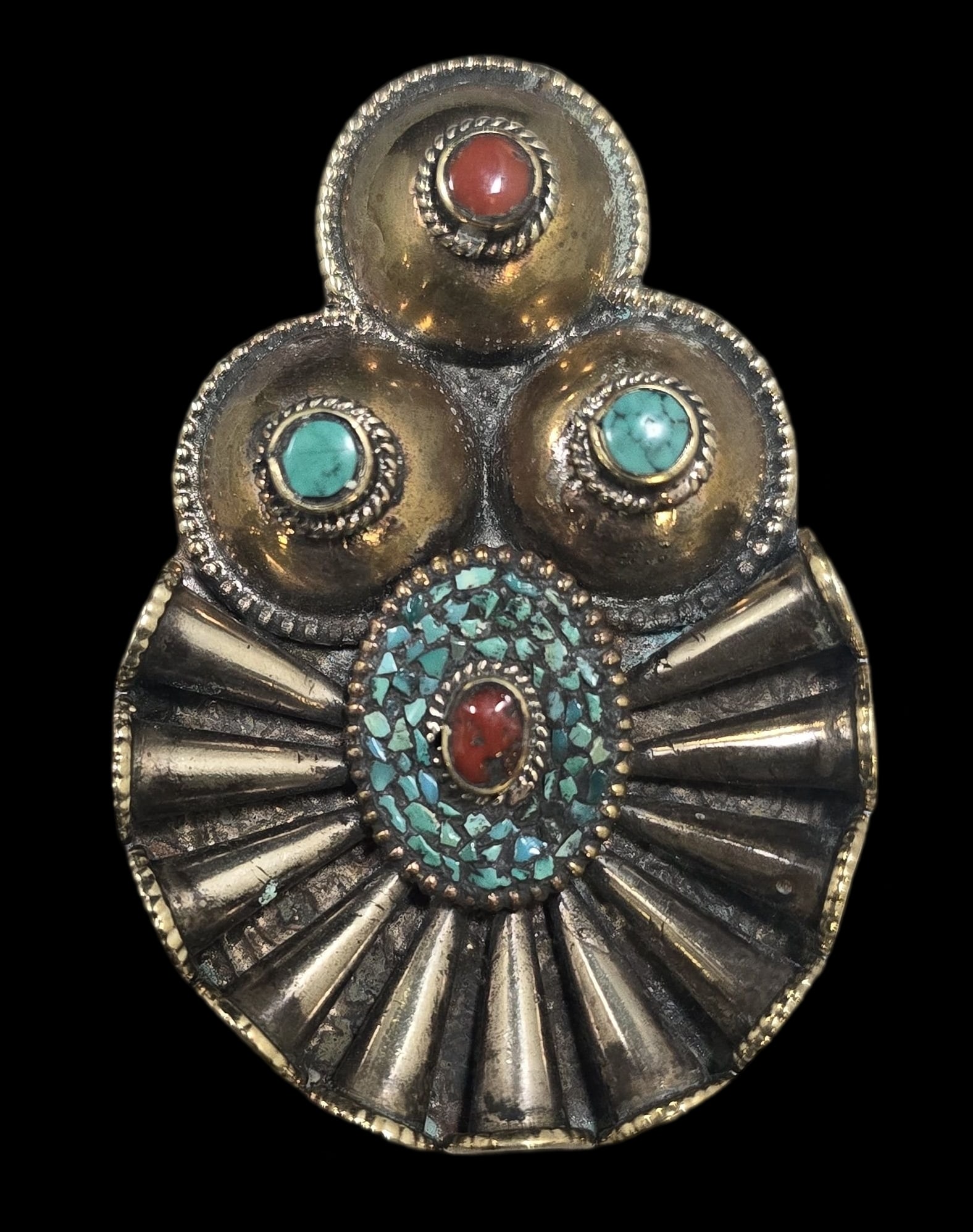 Large Antique Tibetan Sterling Silver & Inlaid Gemstone Mosaic Pendant (1 of 7)
