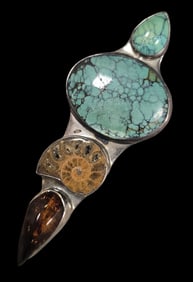 Rare Vintage CHARLES ALBERT Sterling Silver, Gemstone & Fossil Pendant