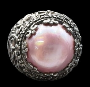 Massive & Ornate Vintage Sterling Silver & Pink Gemstone or Pearl Ring