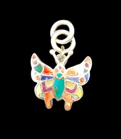 Vintage Handmade 950 Silver & Inlaid Gemstone Butterfly Pendant Charm