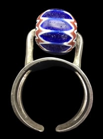 Very Unusual Mid-Century Modern Sterling Silver & Antique Murano Art Glass Bead Ring