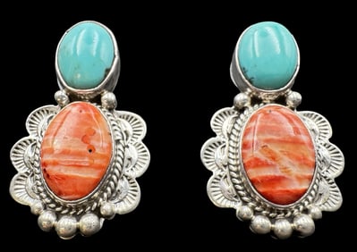 Vintage Native American Navajo Sterling Silver & Gemstone Earrings - Signed