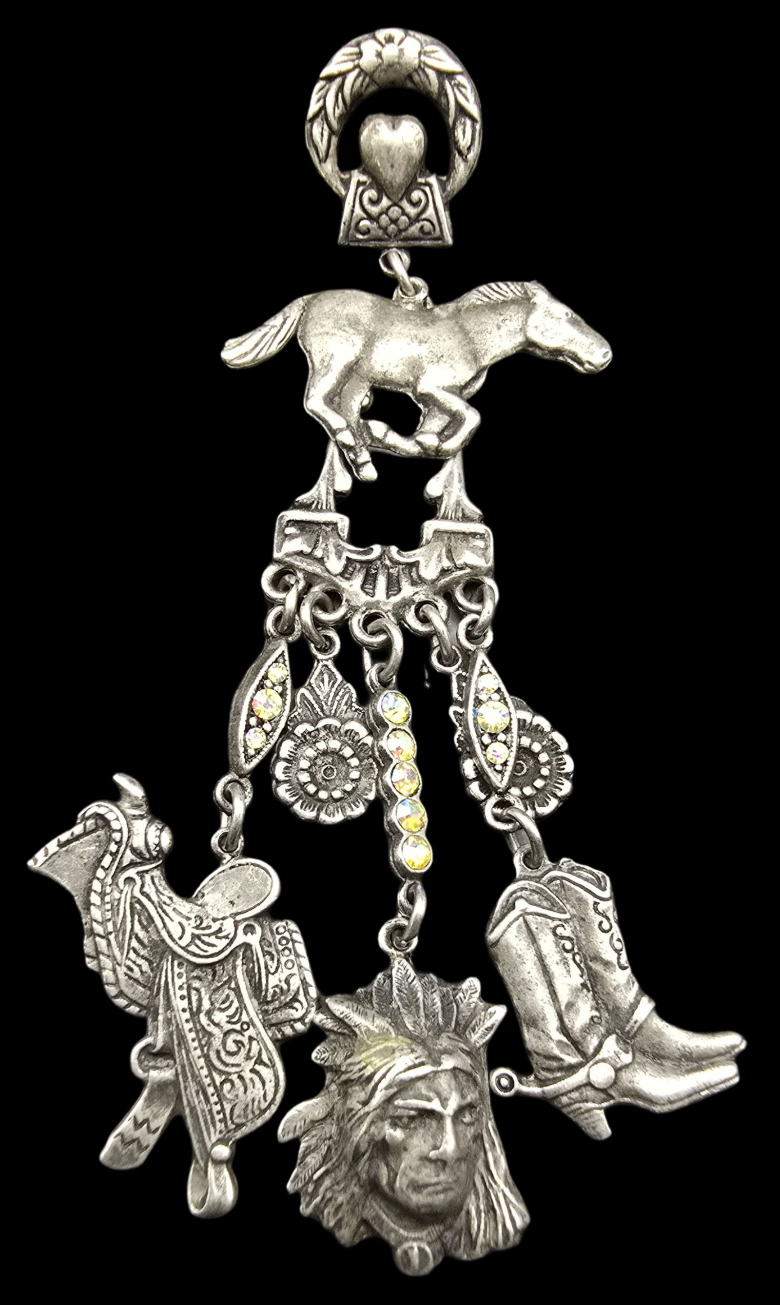 Unusual Vintage Southwestern Sterling Silver Earring with Pendant Charms: Very good vintage condition with minor patina according to age. Only one earring; could be repurposed into a pendant. Measures approx. 3 1/2" long and weighs ca. 15.1 grams. Tested for Sterling Silver