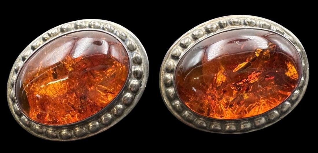 Vintage Mid-Century INCA Sterling Silver & Amber Designer Earrings: Very good vintage condition with minor patina according to age. Each measures approx. 1" high x 3/4" wide and they jointly weigh ca. 8.5 grams. Marked for Sterling Silver and signed.