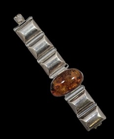 Massive Vintage Eastern European Sterling Silver & Baltic Amber Bracelet