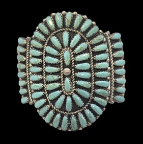 Vintage Native American Navajo Sterling Silver & Turquoise Cluster Bracelet - Signed