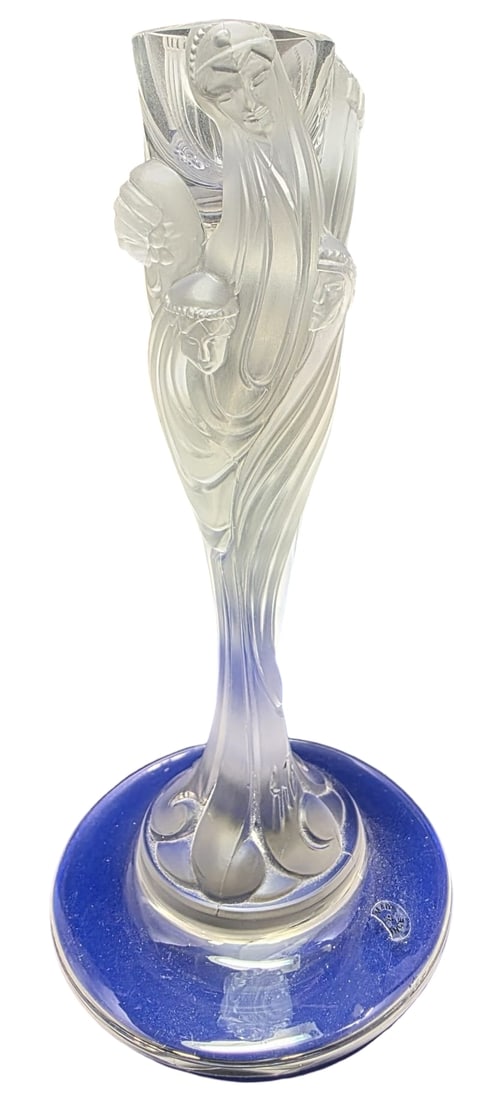 Vintage French ERTE Frosted Crystal Vase: Beautiful piece in good vintage condition. The piece is likely a cut-down champagne glass. Measures approx. 6 3/4" tall x 1 1/4" in diameter (top) / 3 1/4" in diameter (base). Signed on the bottom.