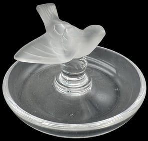 Vintage LALIQUE France Partially Frosted Crystal Bird Ring Holder / Trinket Dish