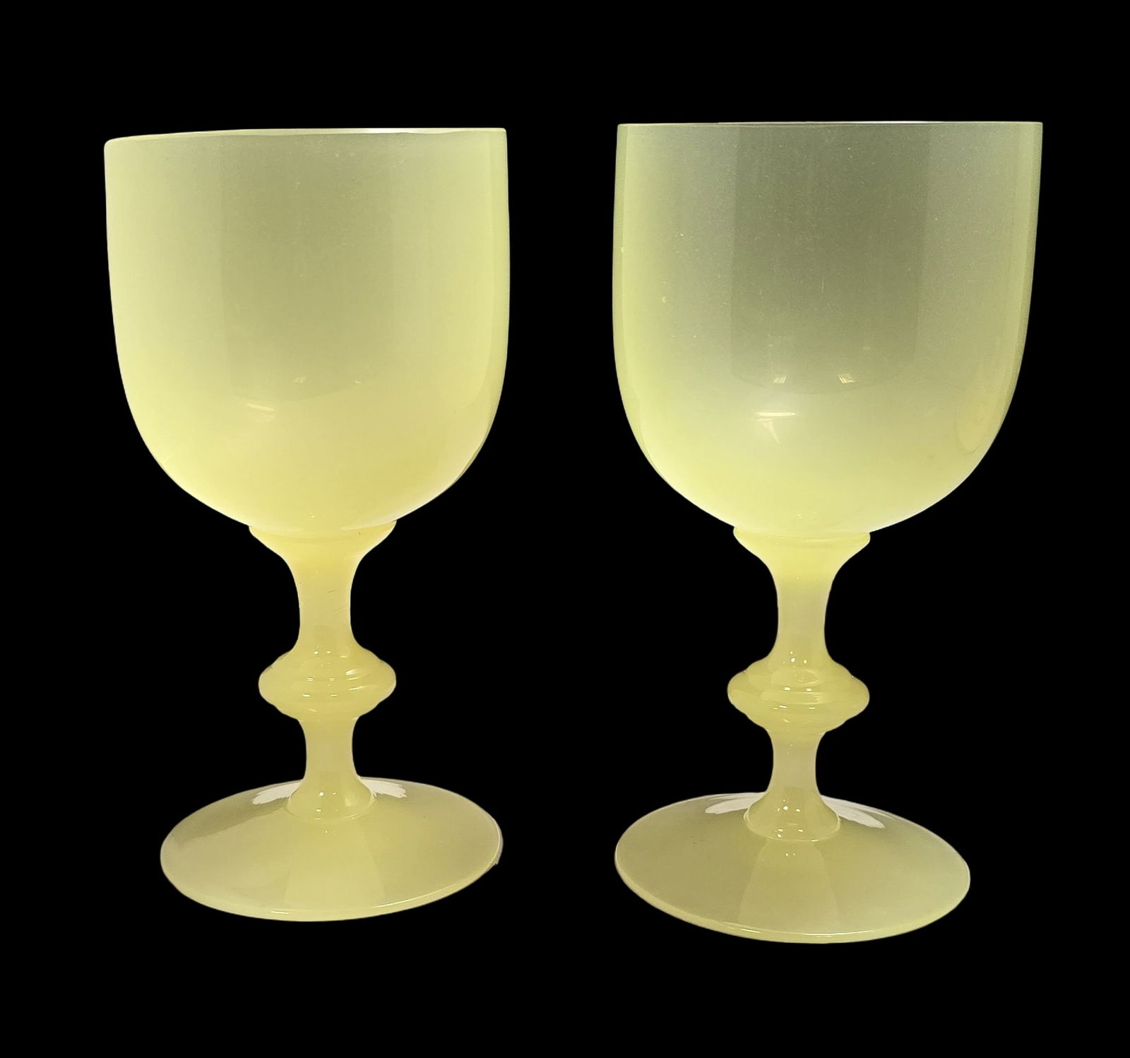 Pair of French PORTIEUX VALLERYSTHAL Yellow Opaline Uranium Glass Water Goblets (1 of 7)