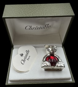 Vintage CHRISTOFLE France Silveplate Bear & Red Glass Figurine