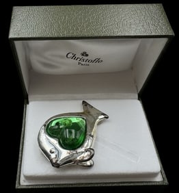 Vintage CHRISTOFLE France Silverplate Fish & Green Glass Figurine