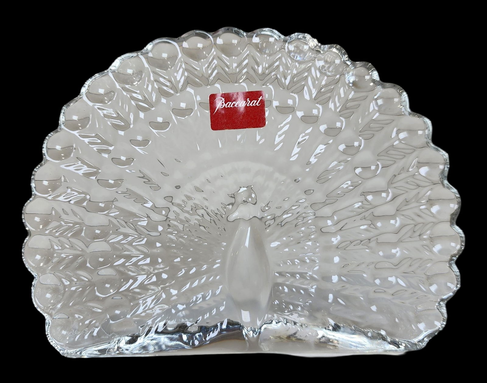 Vintage BACCARAT France Crystal Peacock Paperweight: Very good vintage condition; No chips, cracks, or repairs. Measures approx. 4" high x 5 1/4" wide. Marked and with original sticker.