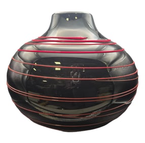 Vintage Mid-Century Handmade Japanese Black & Red Art Glass Spaghetti Vase
