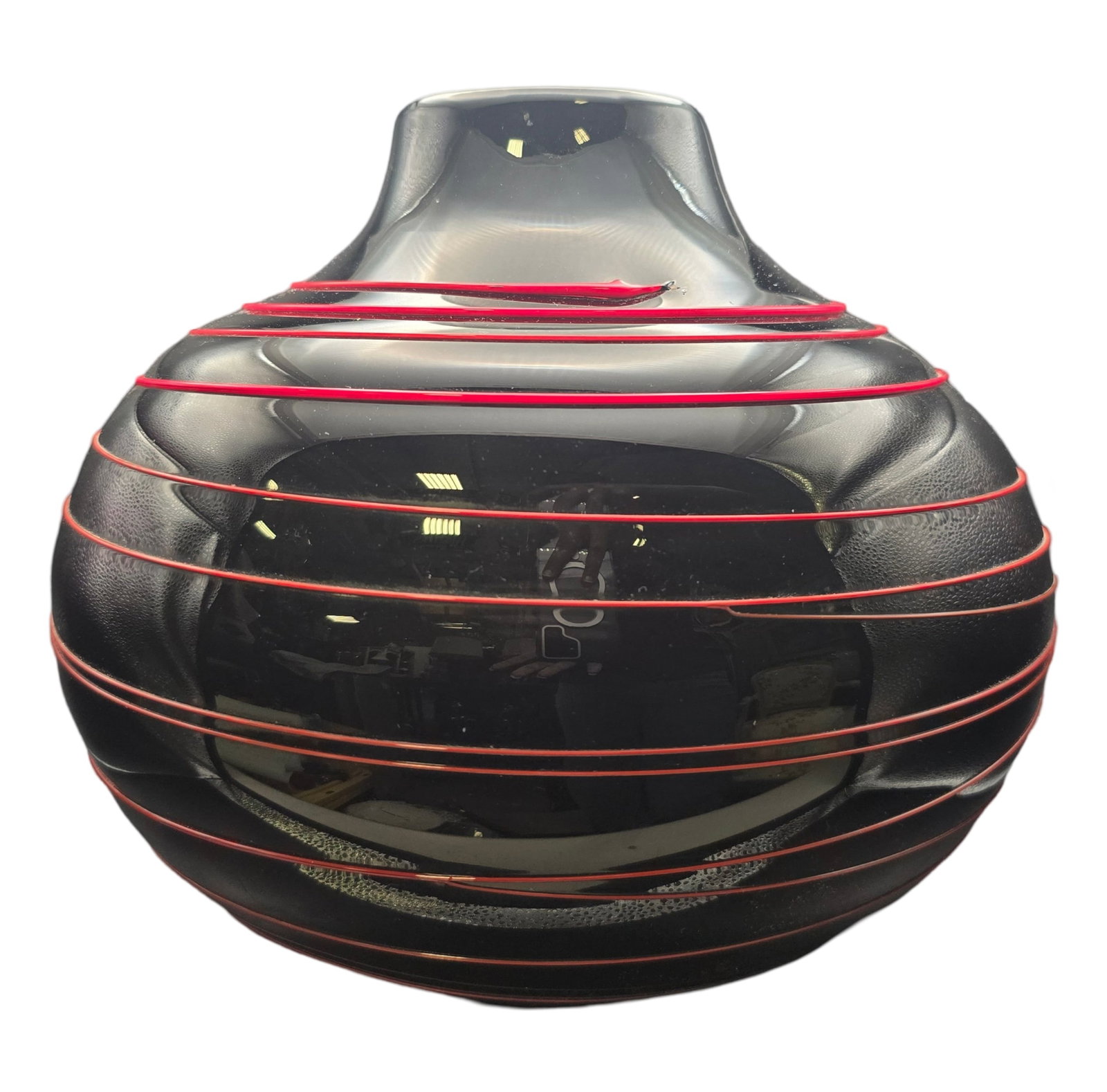Vintage Mid-Century Handmade Japanese Black & Red Art Glass Spaghetti Vase: Measures approx. 11" high x 9 1/2" in diameter. Very good vintage condition; No chips, cracks, or repairs. Original sticker on the bottom.