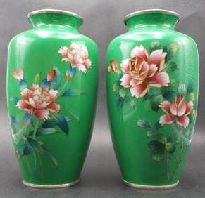 Pair of Vintage Japanese Green Cloisonne Enamel Vases /w Flower Designs and Silver Mountings