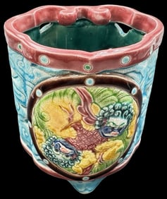 Vintage Chinese HO CHUN-TING Koji Pottery Pen Holder /w Foo Dogs