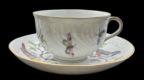 Antique 19th Century LUDWIGSBURG Germany Hand Painted Porcelain Tea Cup & Saucer /w Insects and