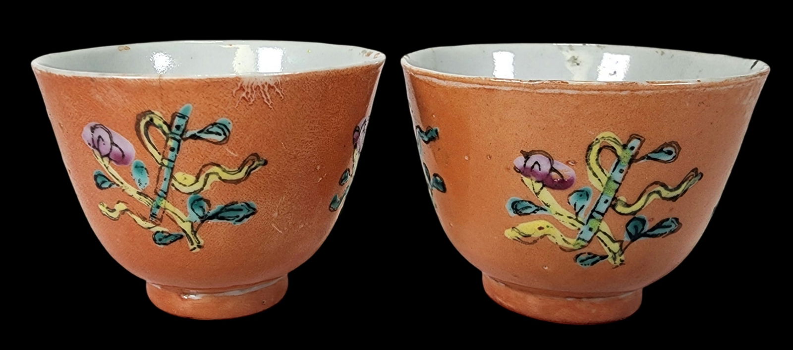 Pair of Antique Chinese Qing Dynasty Coral Ground Porcelain Tea Cups (1 of 8)