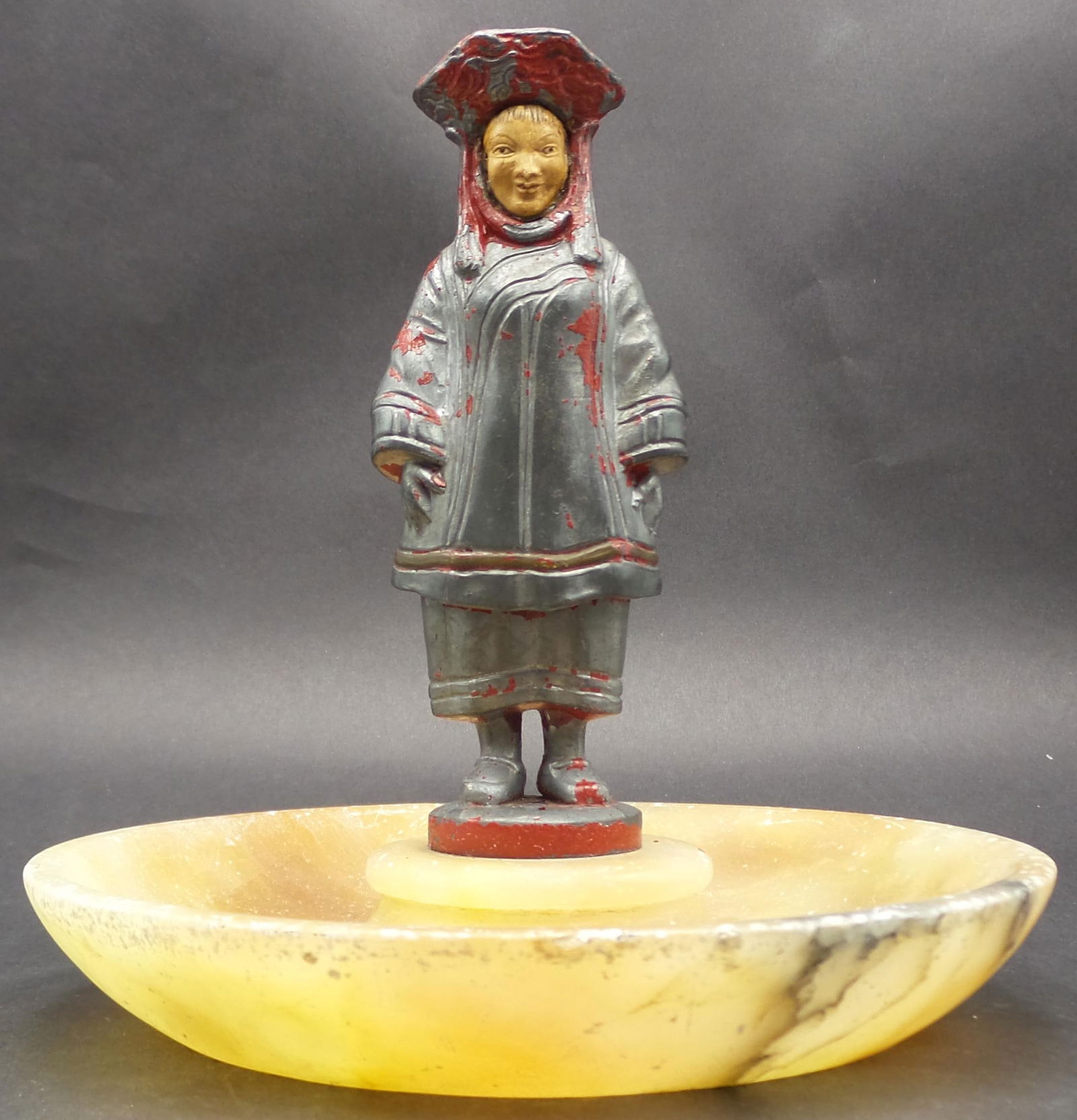 Antique Art Deco Oriental Cast Metal Figure on Alabaster Dish (1 of 9)