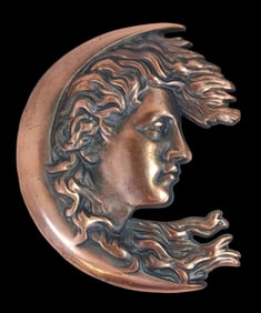 Vintage Art Nouveau Style Cast Metal Moon Wall Sculpture /w Woman's Head