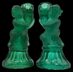 Unusual Pair of Vintage European Gree Art Glass Candleholders