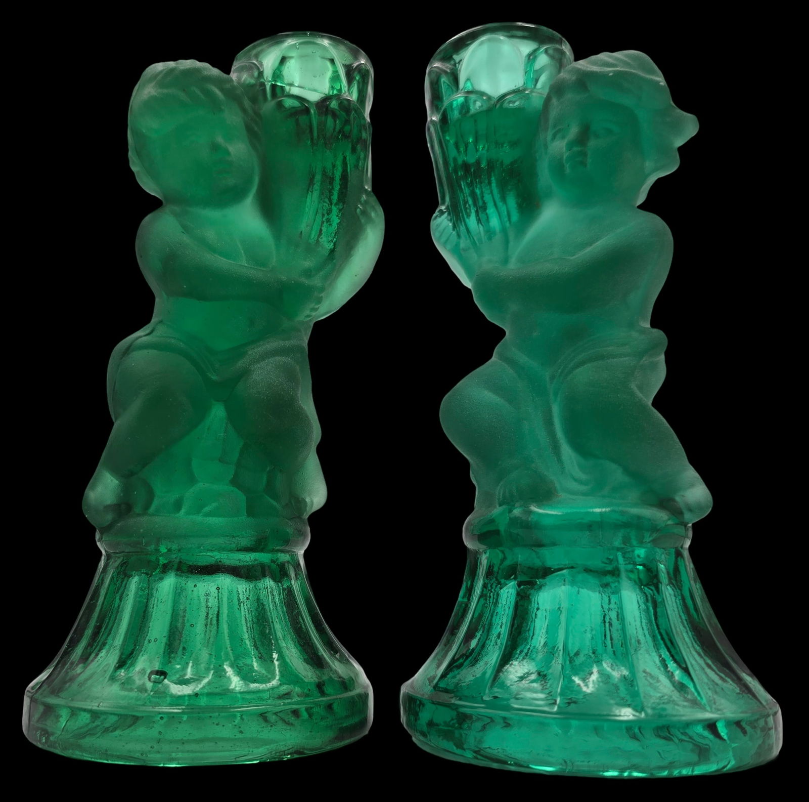 Unusual Pair of Vintage European Gree Art Glass Candleholders (1 of 5)