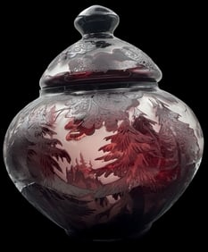 Rare Antique Art Nouveau Bohemian CORNELLIUS Purple Cameo Glass Lidded Jar /w Forest Motif