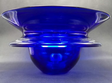 Stunning Vintage JOSEPH NIELANDER Deep Blue Mouthblown Saturn Art Glass Bowl