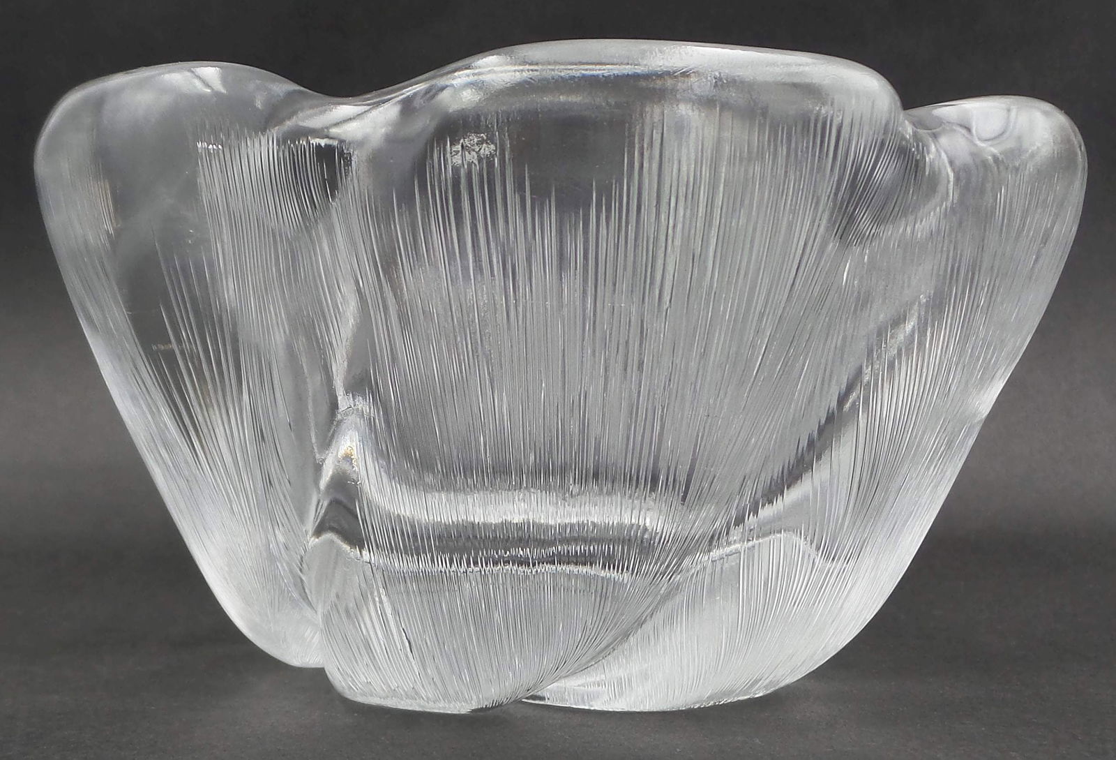 Rare Mid-Century Modern EDVIN OHRSTROM for ORREFORS Feather Cut Swirl Crystal Bowl: Ca. 1950. Very good vintage condition; No chips, cracks, or repairs. Measures approx. 3 1/2" high x 6 1/2" in diameter. Signed twice on the bottom.