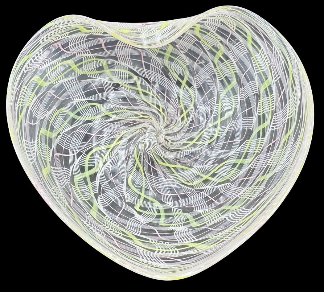 Stunning Vintage Murano Zanfirico Art Glass Heart Shaped Bowl: Very good vintage condition. No chips, cracks, or repairs. Measures approx. 5" long x 5" wide x 2" high.