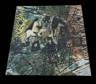 Vintage Mid-Century Modern Handmade Mixed Media Tile Painting