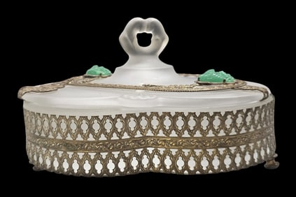 Unusual Vintage Frosted Glass, Green Gemstone or Glass & Brass Ormulu Box