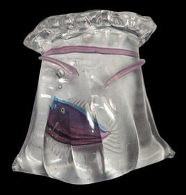 Vintage Moutblown Murano Art Glass "Fish Bag" Sculpture - Signed