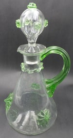 Vintage ca. 1920s Bohemian Mouthblown Green & Clear Art Glass Pitcher /w Stopper