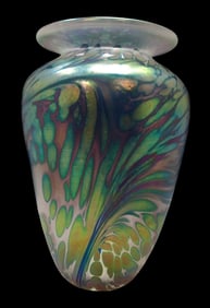 Vintage Mouthblown Iridescent Art Glass Oil Stain Style Signed Designer Vase