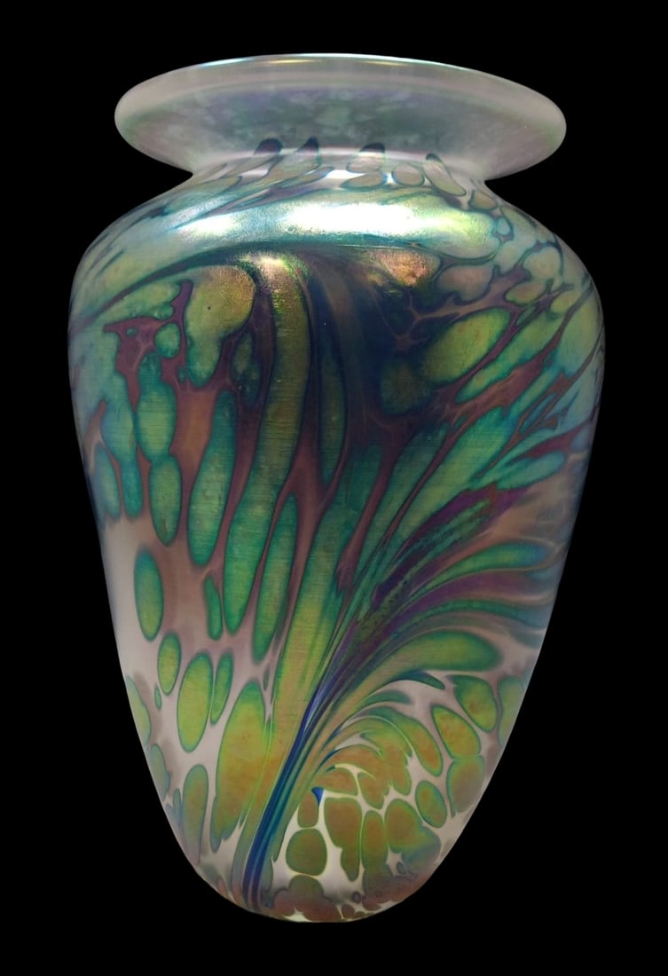 Vintage Mouthblown Iridescent Art Glass Oil Stain Style Signed Designer Vase (1 of 7)