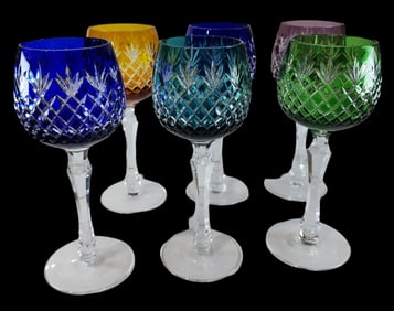 Set of 6 Vintage Handcut Colorful Crystal Wine Hocks Glasses