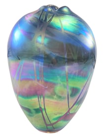 Vintage Multi Colored Iridescent Splatter Art Glass Vase - Signed