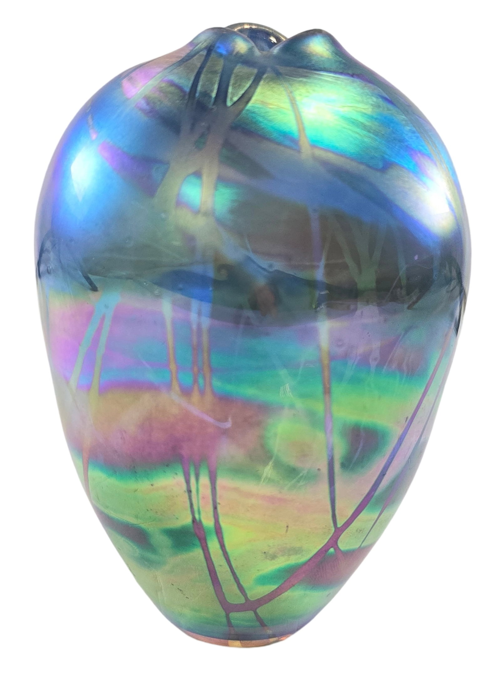 Vintage Multi Colored Iridescent Splatter Art Glass Vase - Signed: Very good vintage condition; no chips, cracks, and repairs. Measures approx. 4 1/2" high. Signed.